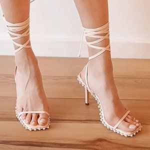 LULU'S white lace up strappy high heels with rhinestones in box MARQO